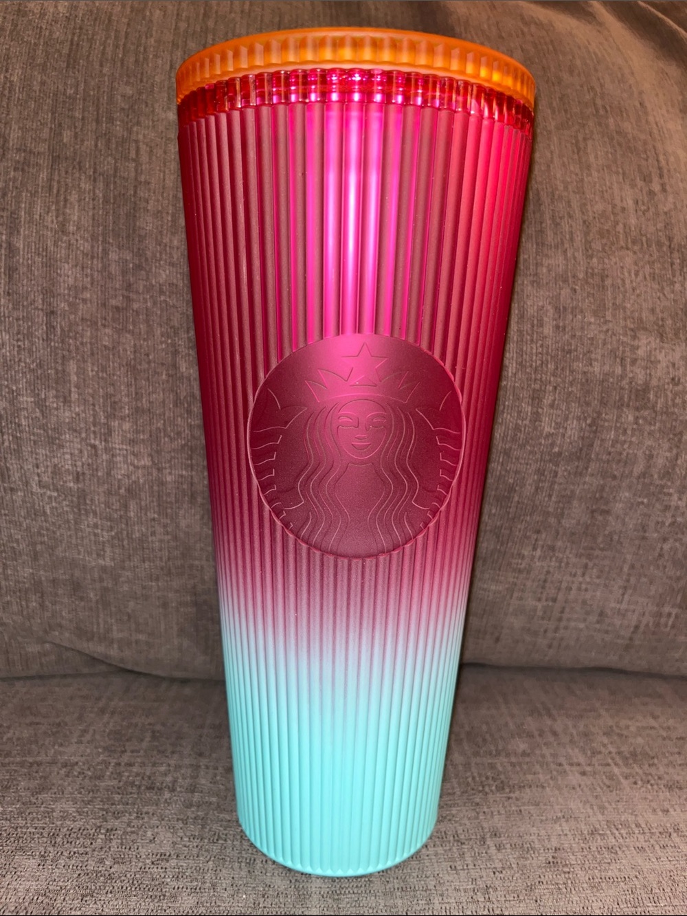 Starbucks Ombre Pink to Aqua Ribbed Tumbler Orange Lid 2025 Summer 24 oz Cold